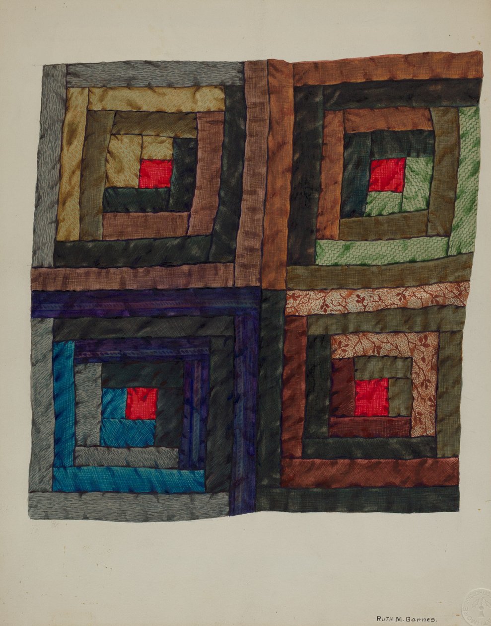 Blockhütten-Quilt, ca. 1937 von Ruth M Barnes