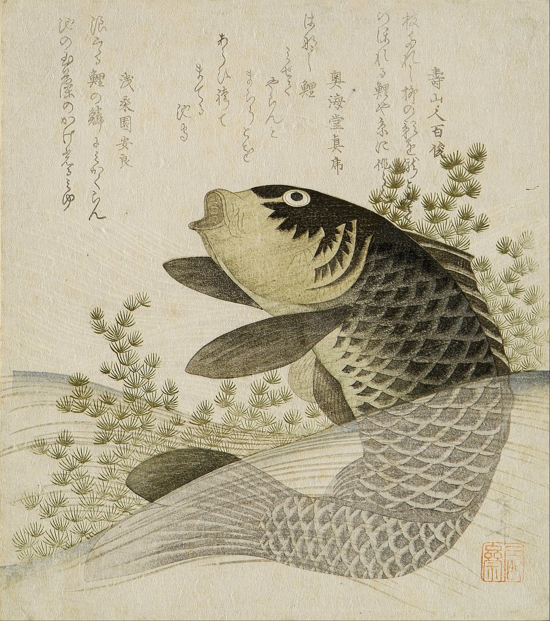 Karpfen zwischen Teichpflanzen von Ryuryukyo Shinsai