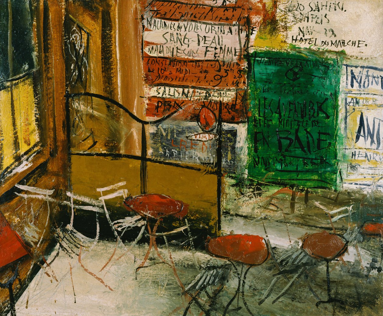 Caféterrasse mit Plakaten von Saeki Yuzo