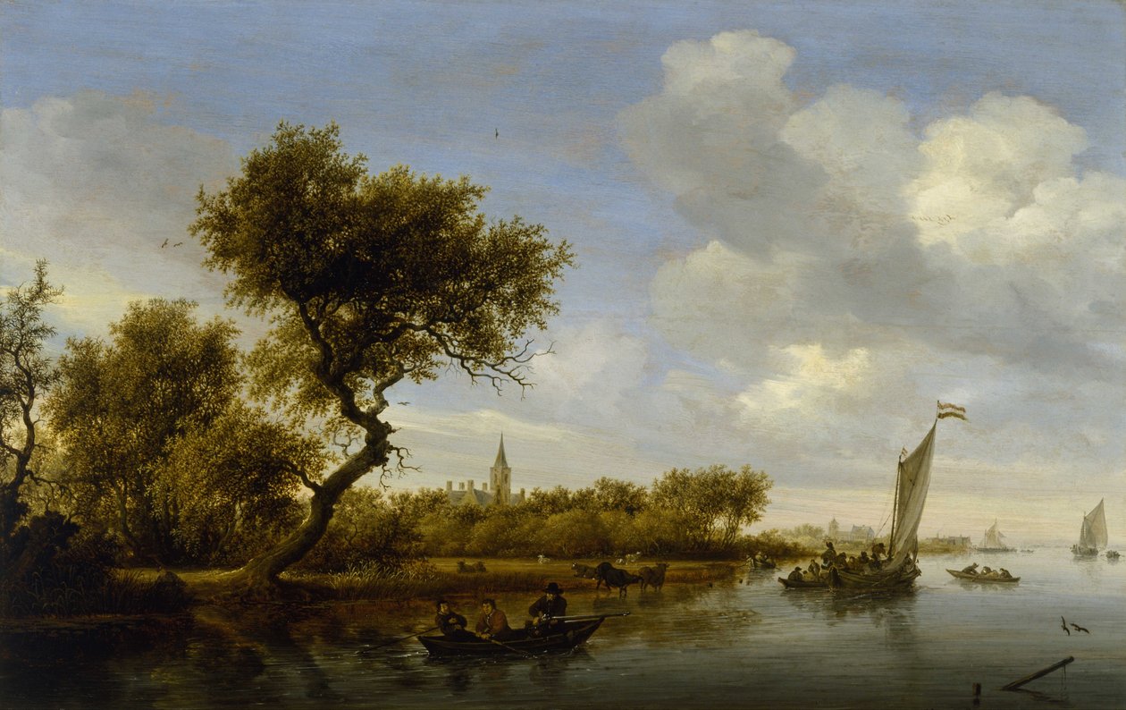 Flusslandschaft mit einer Kirche in der Ferne von Salomon van Ruisdael or Ruysdael