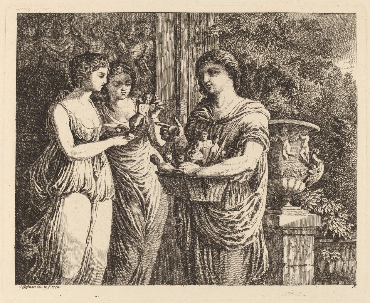 Figurenverkäufer mit zwei Mädchen, 1770 von Salomon Gessner