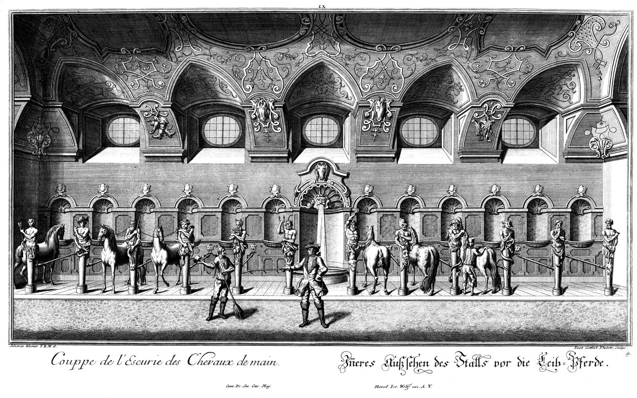 Innenansicht des Stalls für die Leibpferde von Salomon Kleiner