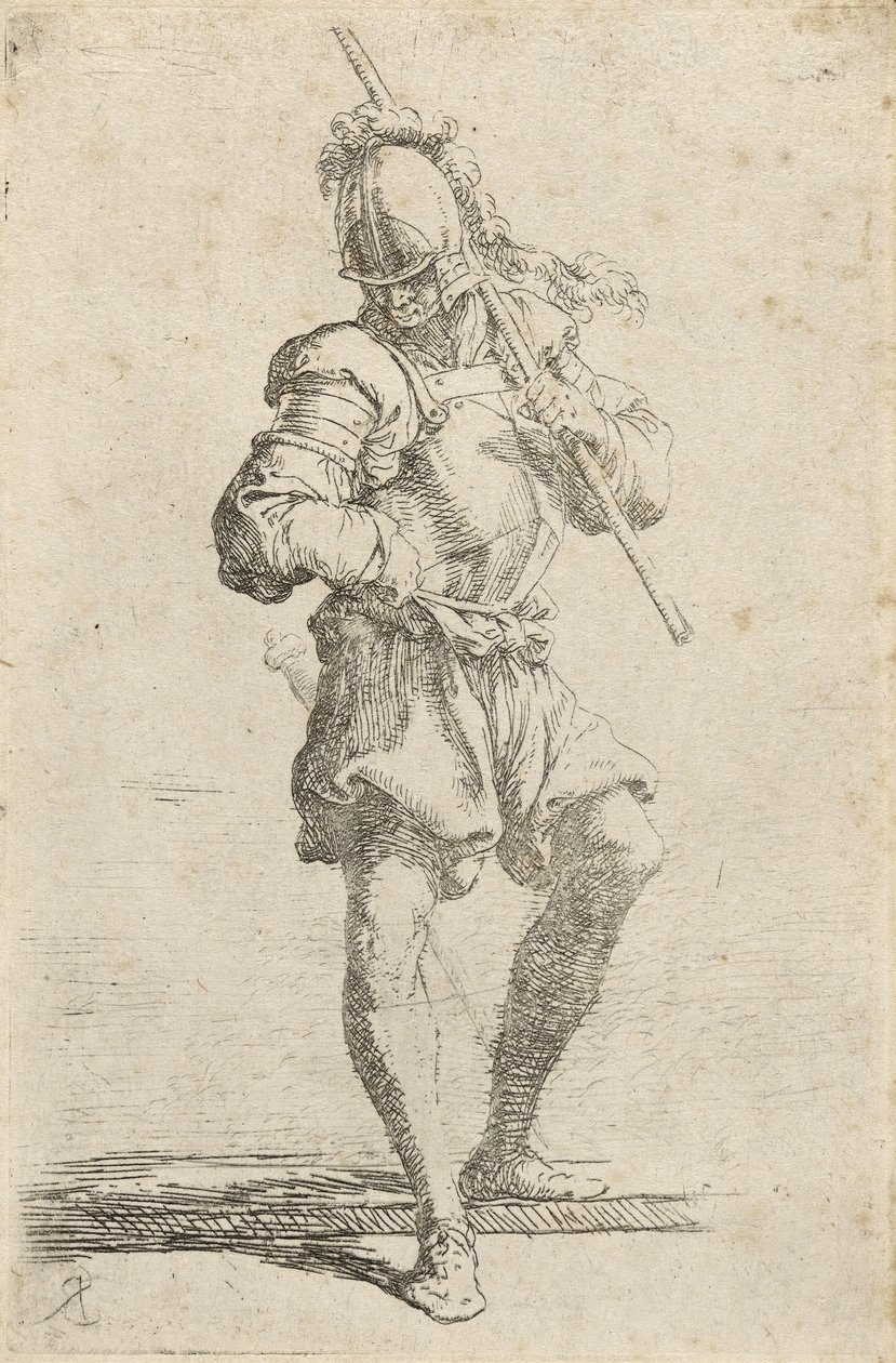 Ein Krieger, der einen Stab über die Schulter hält und von einem niedrigen Vorsprung tritt, ca. 1656-57 von Salvator Rosa