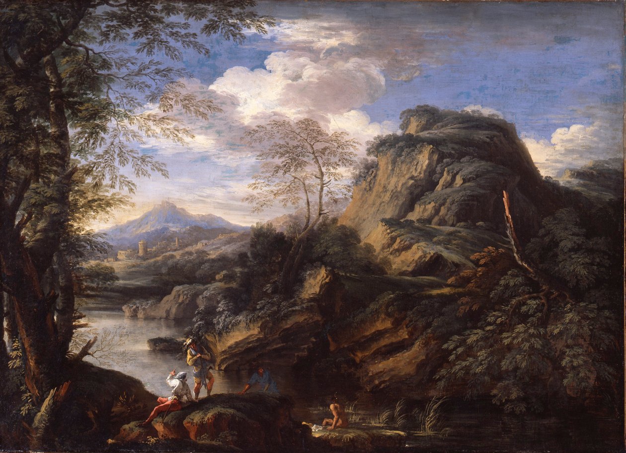 Berglandschaft mit Figuren und einem badenden Mann von Salvator Rosa