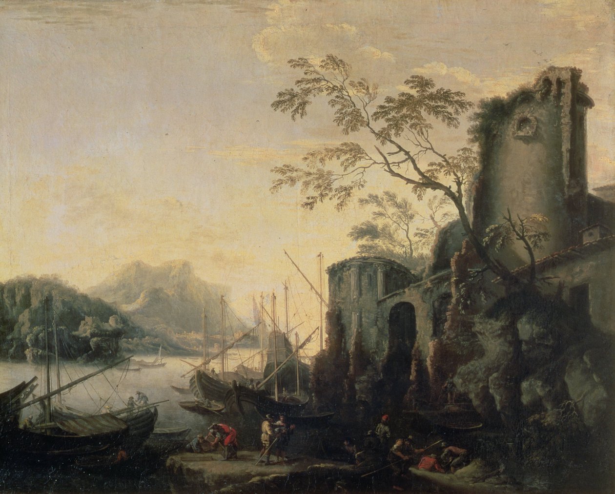 Flusslandschaft mit Booten und Ruinen von Salvator Rosa