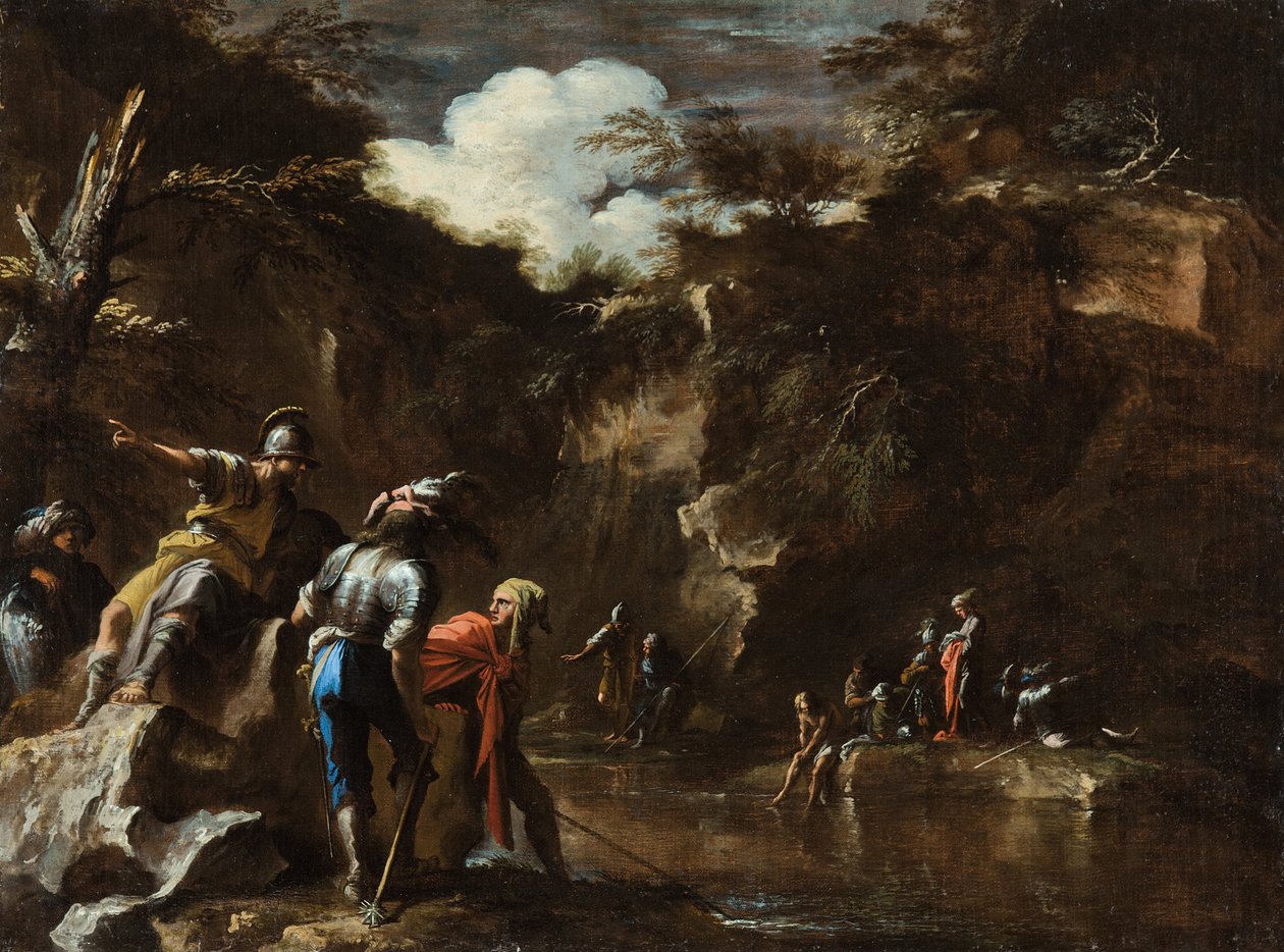 Szene aus der griechischen Geschichte - Thales lässt den Fluss auf beiden Seiten der lydischen Armee fließen von Salvator Rosa