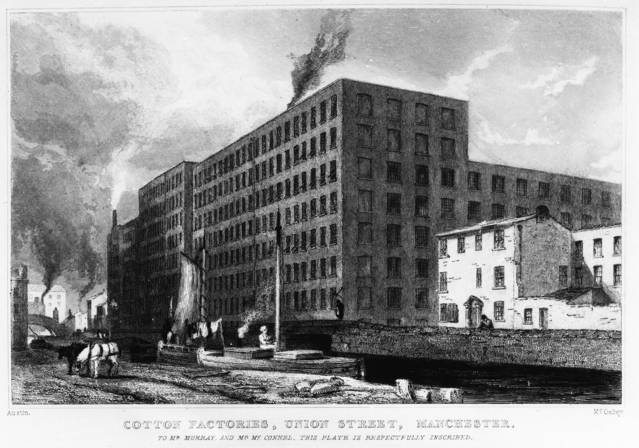 Baumwollfabriken, Union Street, Manchester, graviert von John McGahey, 1829 von Samuel Austin