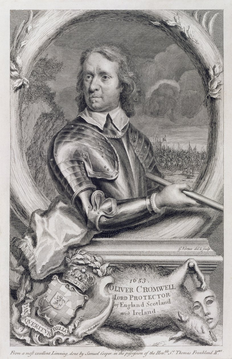 Oliver Cromwell (1599-1658) Lordprotektor von England, Schottland und Irland im Jahr 1653, graviert von George Vertue (1684-1756) von Samuel Cooper