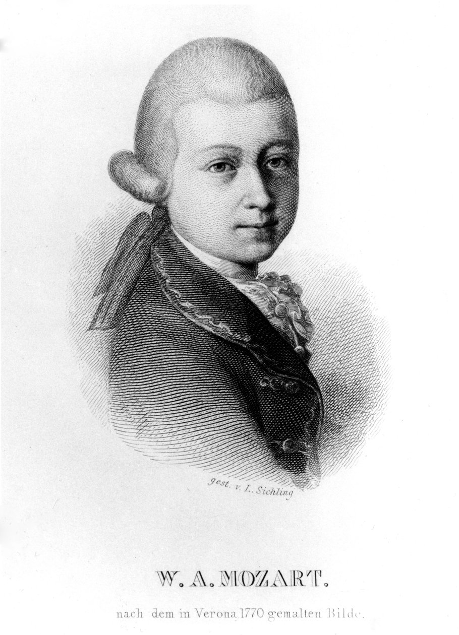 Wolfgang Amadeus Mozart im Jahr 1770, graviert von Lazarus Sichling von Saverio dalla Rosa
