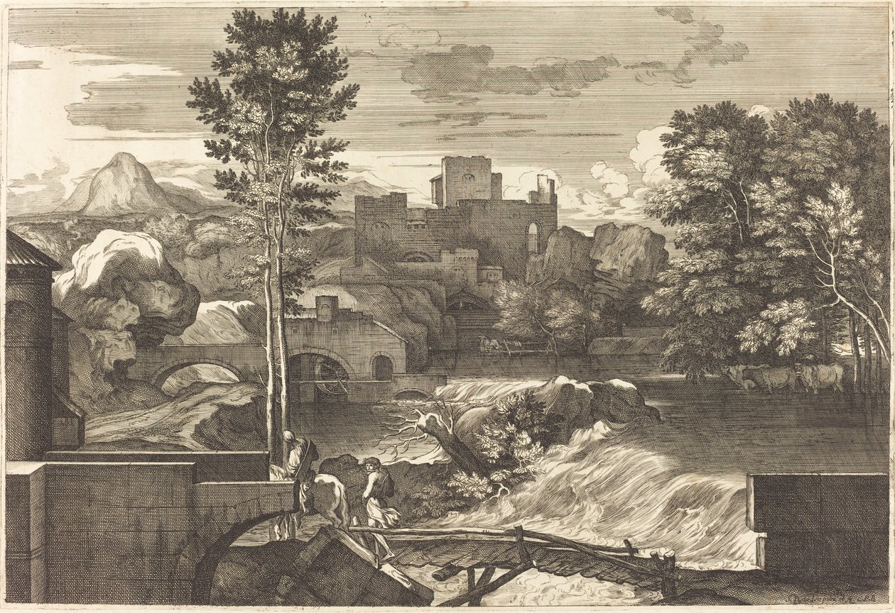 Landschaft mit zwei Figuren auf einer Brücke von Sébastien Bourdon