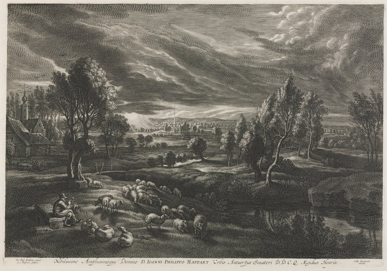 Landschaft mit Schäfer, der eine Flöte spielt von Schelte Adams Bolswert