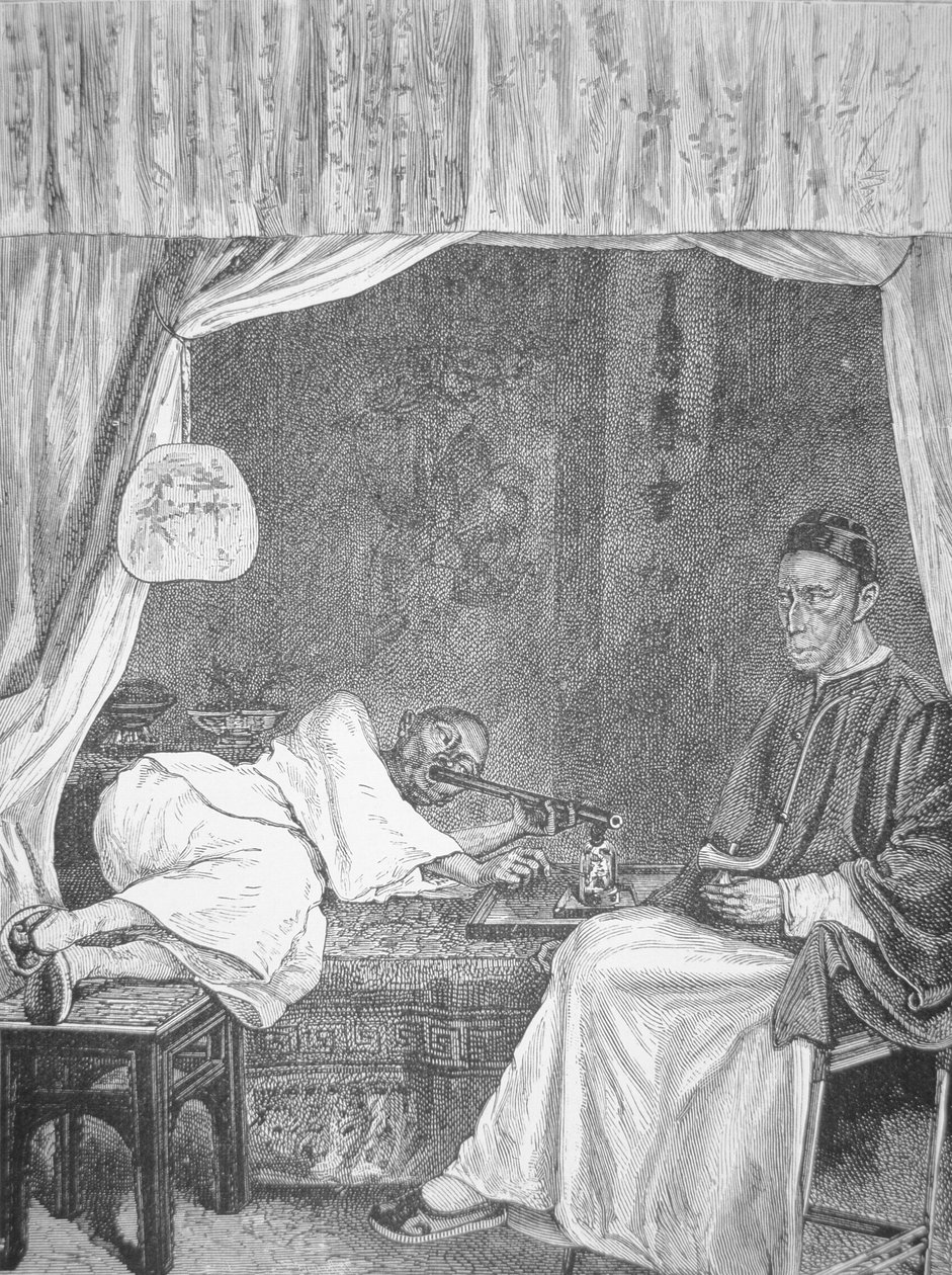 Chinesische Opiumraucher, Gravur von 1875 von School Chinese