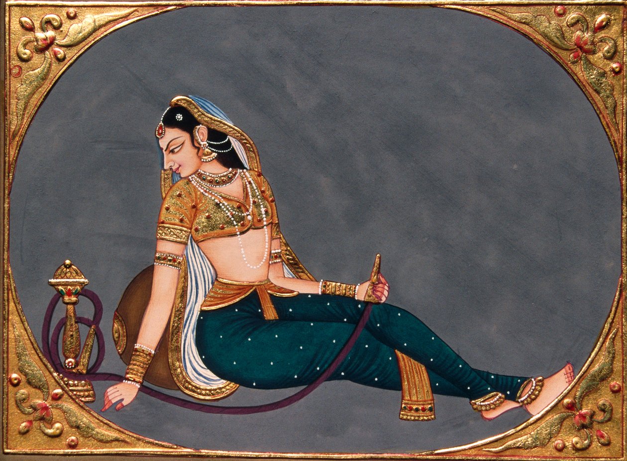 Miniaturmalerei auf Papier Dame genießt Hookah von School Indian