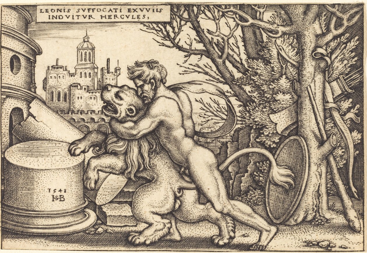 Herkules tötet den nemeischen Löwen von Sebald Beham