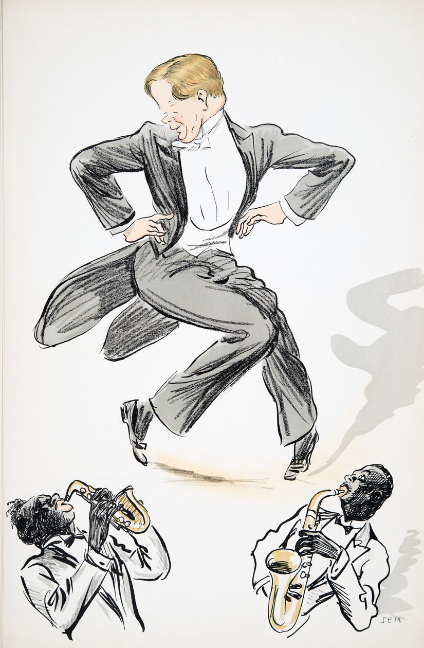 Herr im Frack und weißer Krawatte tanzt zu zwei Musikern, die Saxophon spielen, aus White Bottoms, veröffentlicht 1927 von Sem