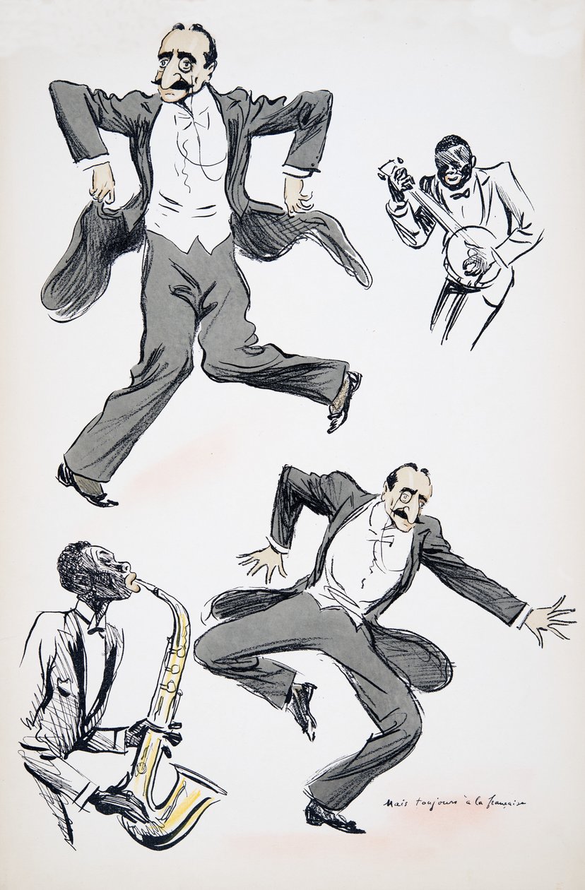 Herr in weißer Krawatte und Frack tanzt, während zwei Musiker Saxophon und Banjo spielen, aus White Bottoms, veröffentlicht 1927 von Sem