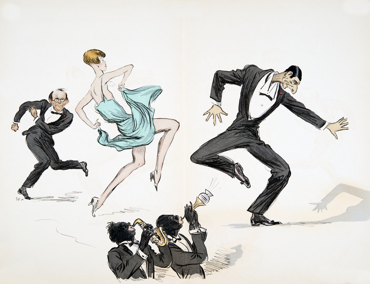 Zwei Männer in schwarzer Krawatte und eine Frau in einem leuchtend blauen Kleid tanzen zu zwei Musikern, die Jazz auf Blechblasinstrumenten spielen, aus White Bottoms, veröffentlicht 1927 von Sem