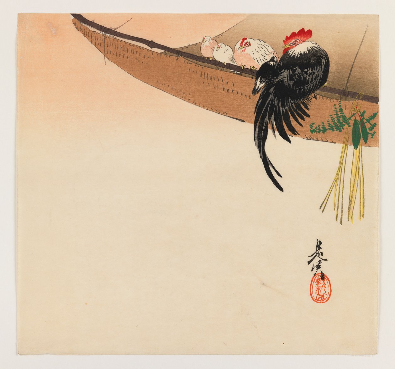 Hühner und Hahn mit Hängematte aus der Serie Hana Kurabe, ca. 1880 von Shibata Zeshin