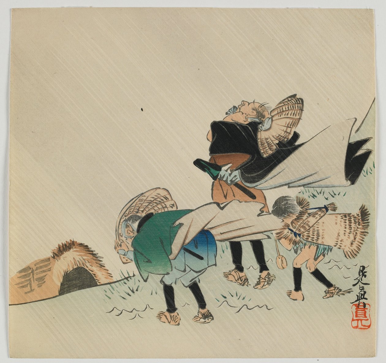 Drei Reisende im Wind, Meiji-Ära, spätes 19. Jahrhundert (Farbholzschnitt) von Shibata Zeshin