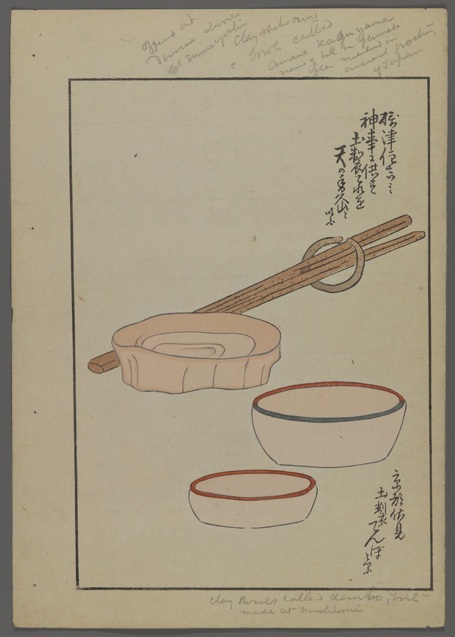 Japanische Spielzeuge, aus Unai no tomo (Ein Kinderfreund) von Shimizu Seifu, 1891-1923. Schalen, Essstäbchen. von Shimizu Seifu