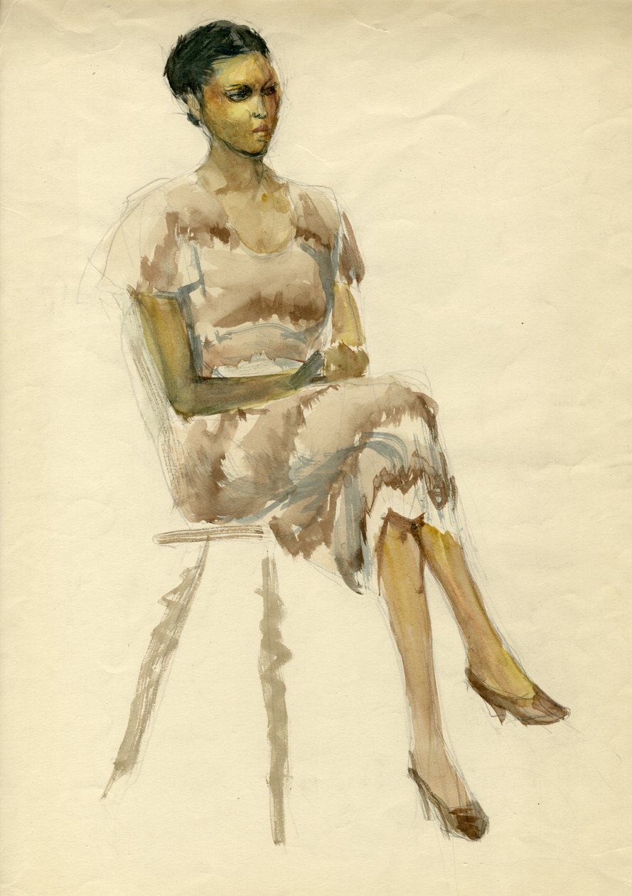 Sitzende Frau im braunen Kleid von Shirley Markham