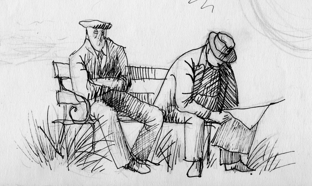 Zwei Männer auf einer Bank, ca. 1950 von Shirley Markham