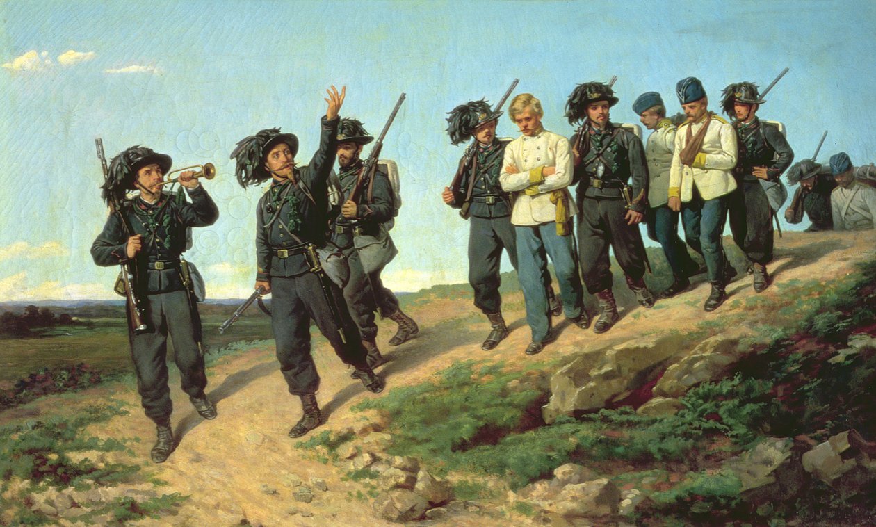 Ein italienisches Schützenregiment kehrt von einer Aufklärungspatrouille zurück, 1861 von Silvestro Lega