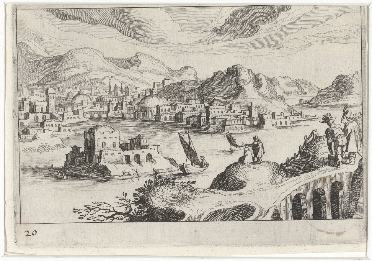 Stadtansicht in einem Flusstal von Simon Frisius