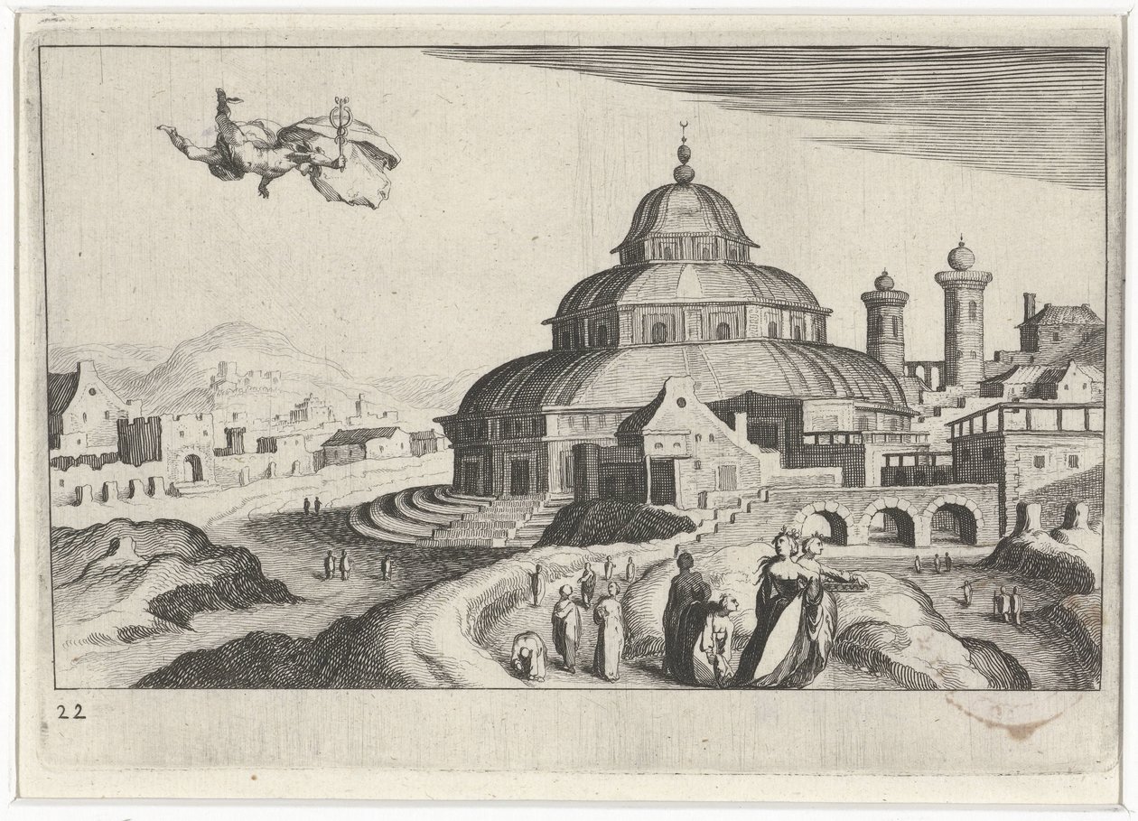 Stadtansicht mit Merkur von Simon Frisius