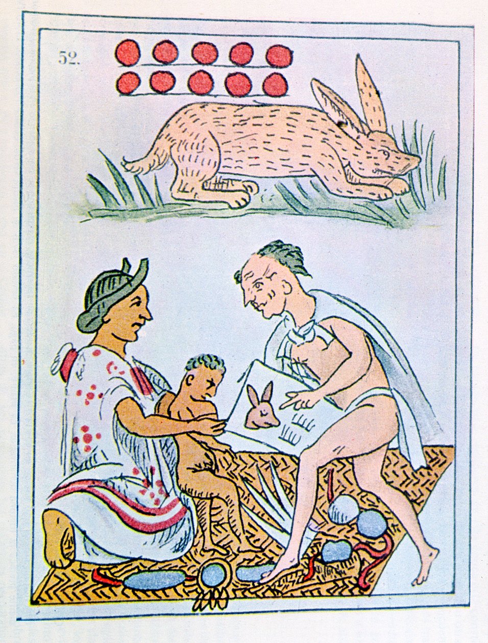 Faksimile einer Seite eines historischen Florentiner Kodex, der eine Mutter zeigt, die Vorhersagen über ihren Sohn hört, geboren am 10. Kaninchen von Spanish Colonial