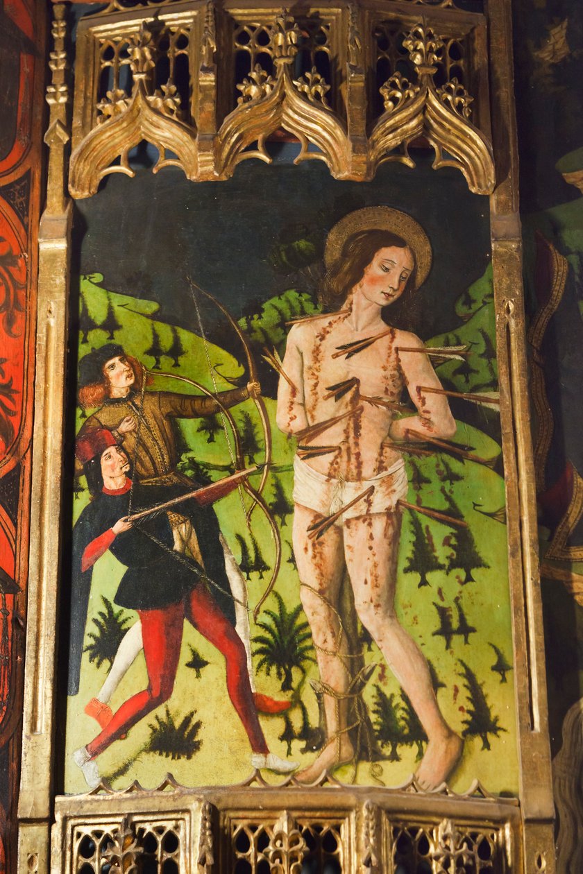 Detail eines kastilischen Schulaltarbildes mit St. Sebastian (Detail) von Spanish School