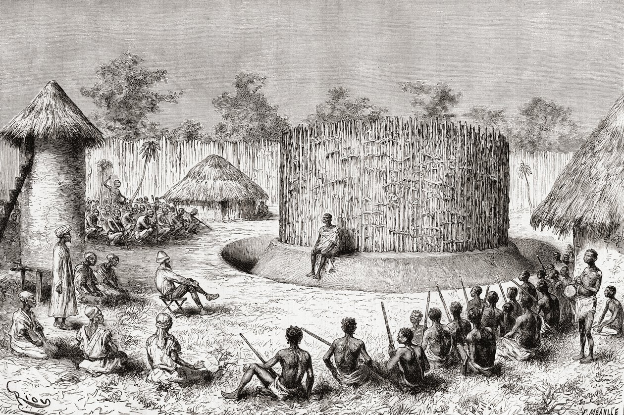 Empfang für den Entdecker Pietro Paolo Savorgnan di Brazza im Dorf von Häuptling Mkewe, Tansania, aus 