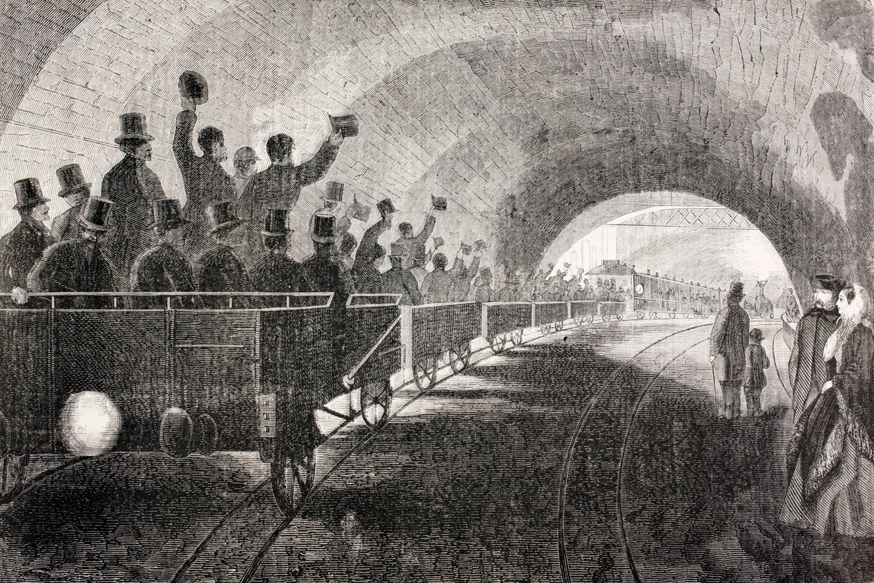 Probefahrt eines Zuges in der Londoner U-Bahn im Jahr 1862, aus 