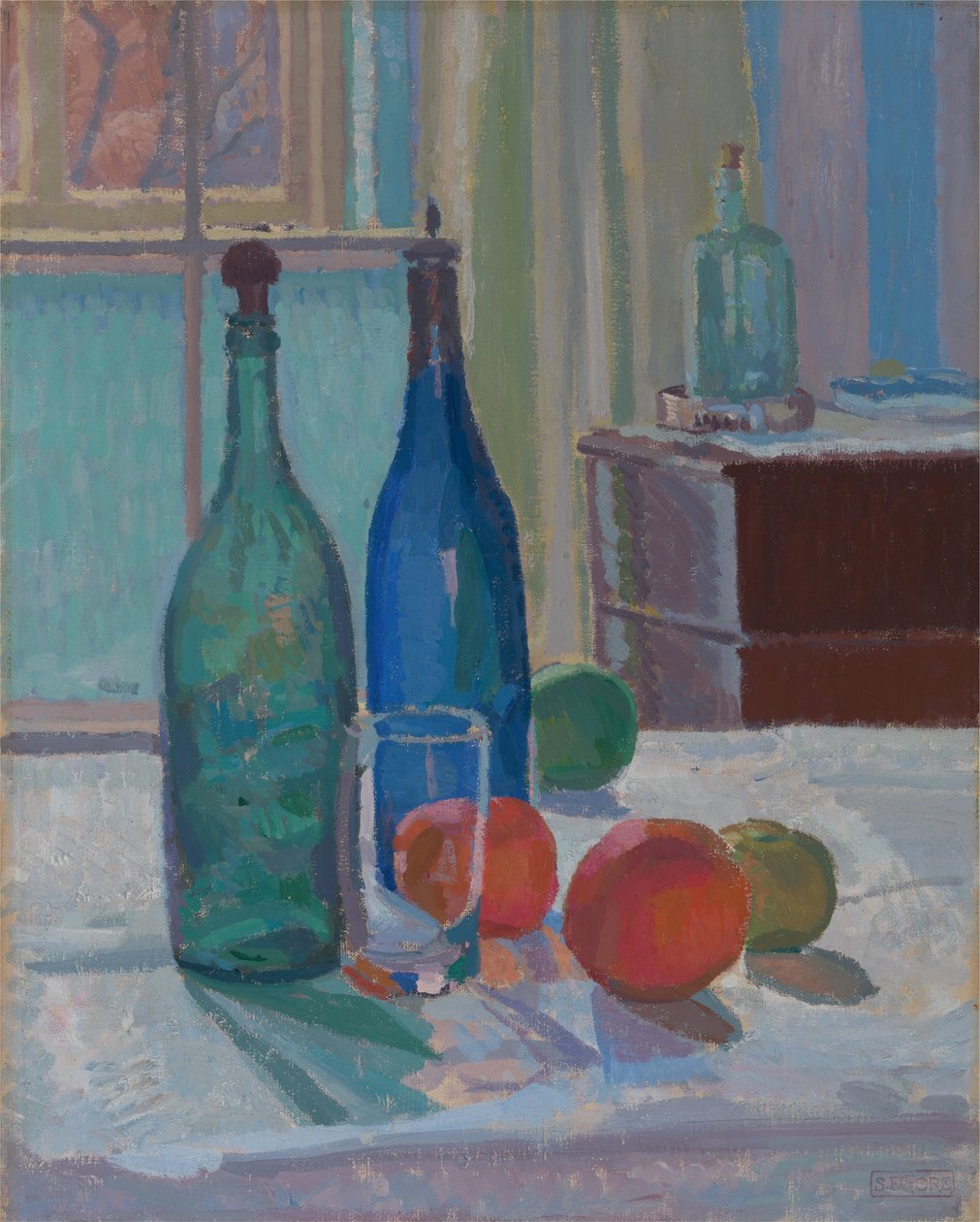 Blaue und grüne Flaschen und Orangen von Spencer Frederick Gore