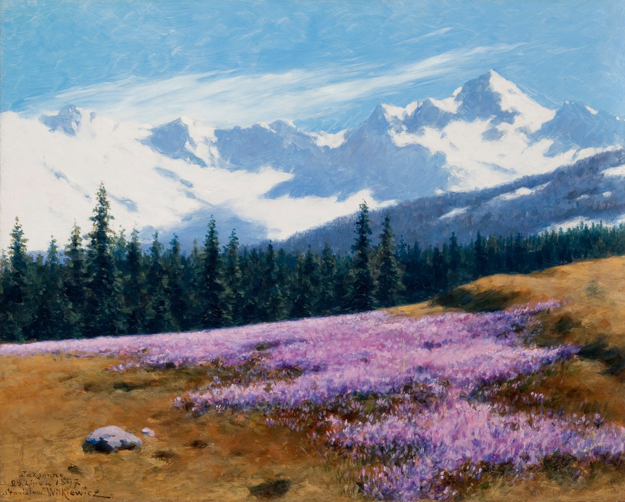 Krokusse mit schneebedeckten Bergen im Hintergrund von Stanislaw Ignacy Witkiewicz