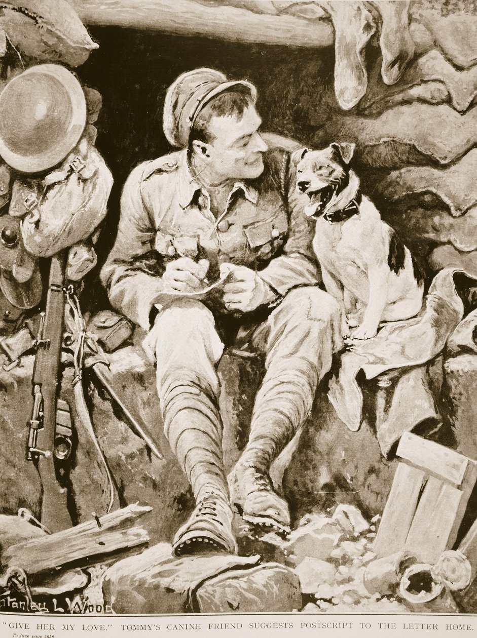 Gib ihr meine Liebe, Tommys Hundefreund schlägt einen Nachsatz zum Brief nach Hause vor, aus War Illustrated, ca. 1916 von Stanley L. Wood