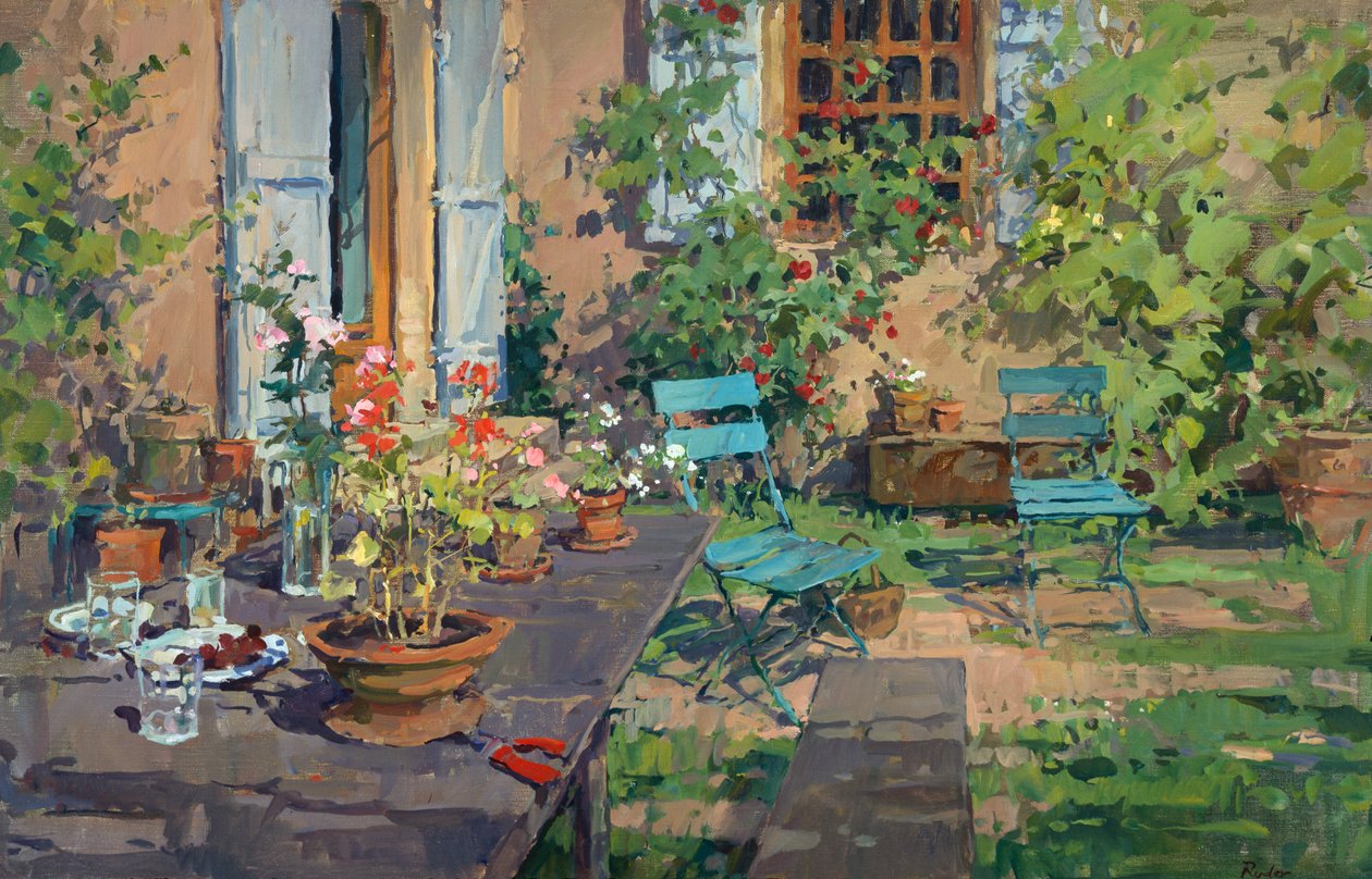 Terrasse mit grünen Stühlen, Burgund von Susan Ryder