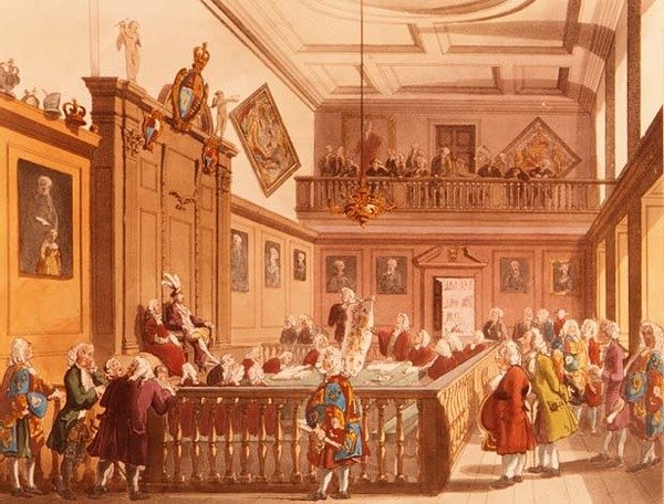 Der Hof der Ritterlichkeit im Earl Marshals Court am College of Arms aus Ackermanns Microcosm of London, 1809 von T. and Pugin Rowlandson