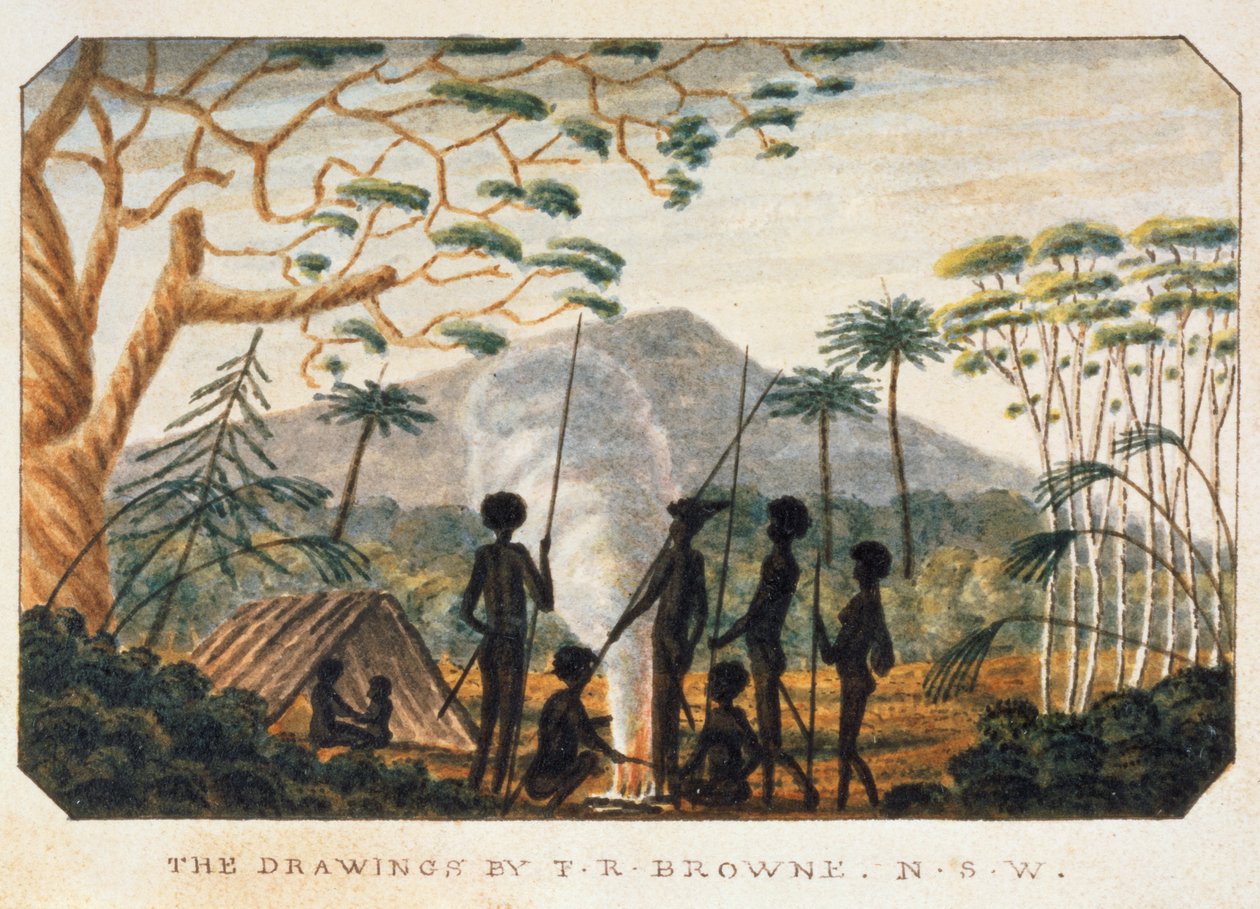 Gruppe von Aborigines um ein Lagerfeuer, 1813 von T.R. Browne