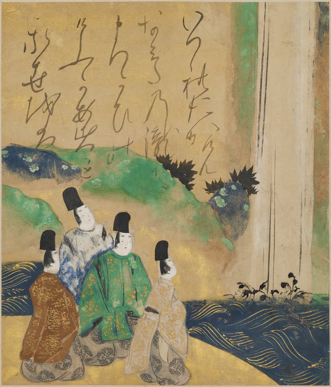 Adlige betrachten den Nunobiki-Wasserfall, ca. 1643 von Tawaraya Sotatsu