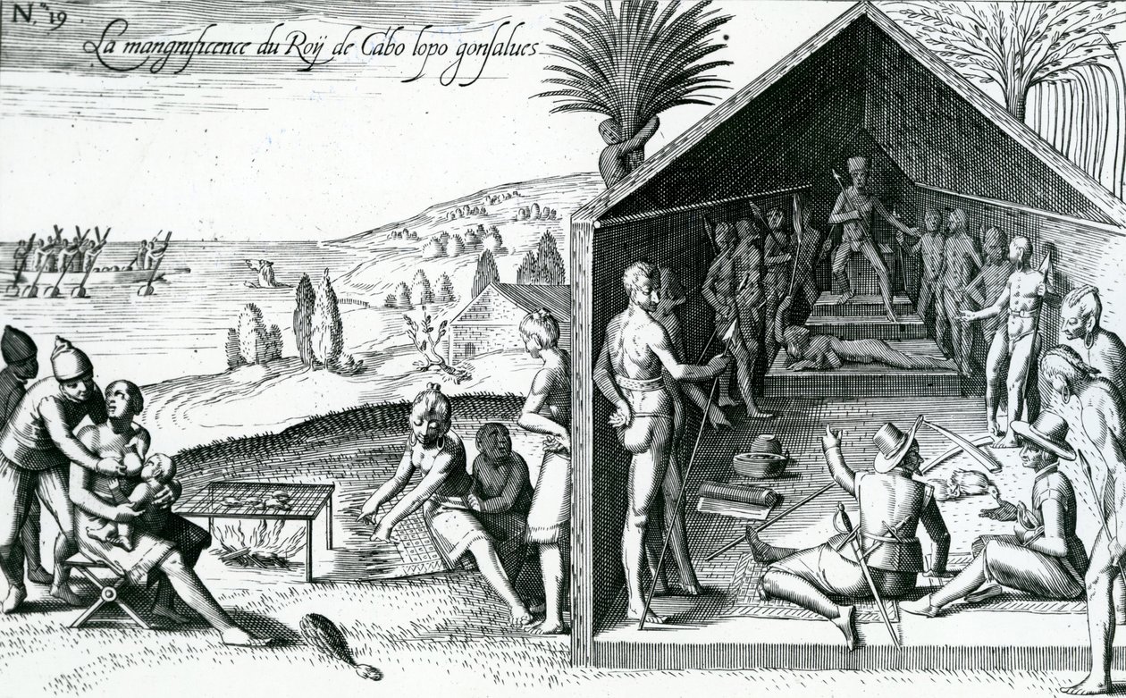 Der König empfängt europäische Besucher, Kap Lopez, Gabun, Afrika, 16. Jahrhundert von Theodore de Bry