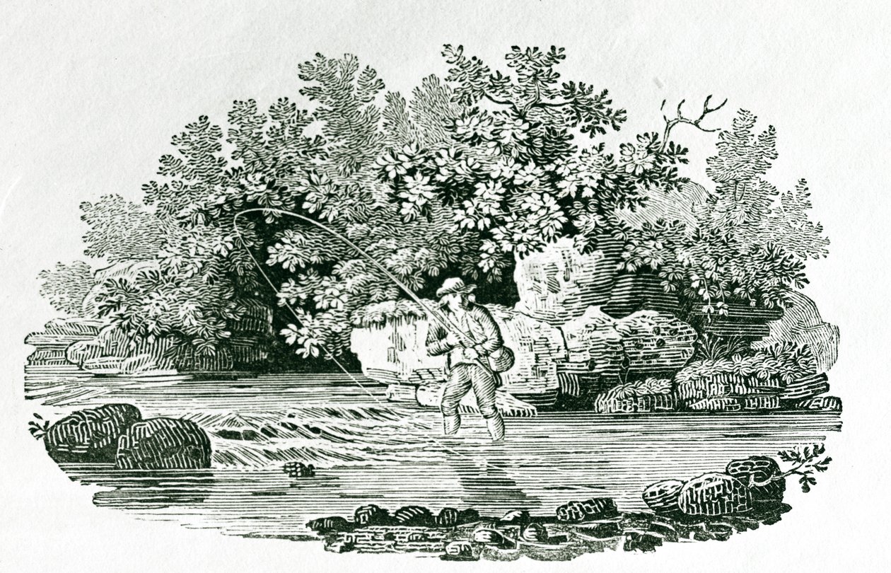 Ein Angler in einem Flussbecken, aus 