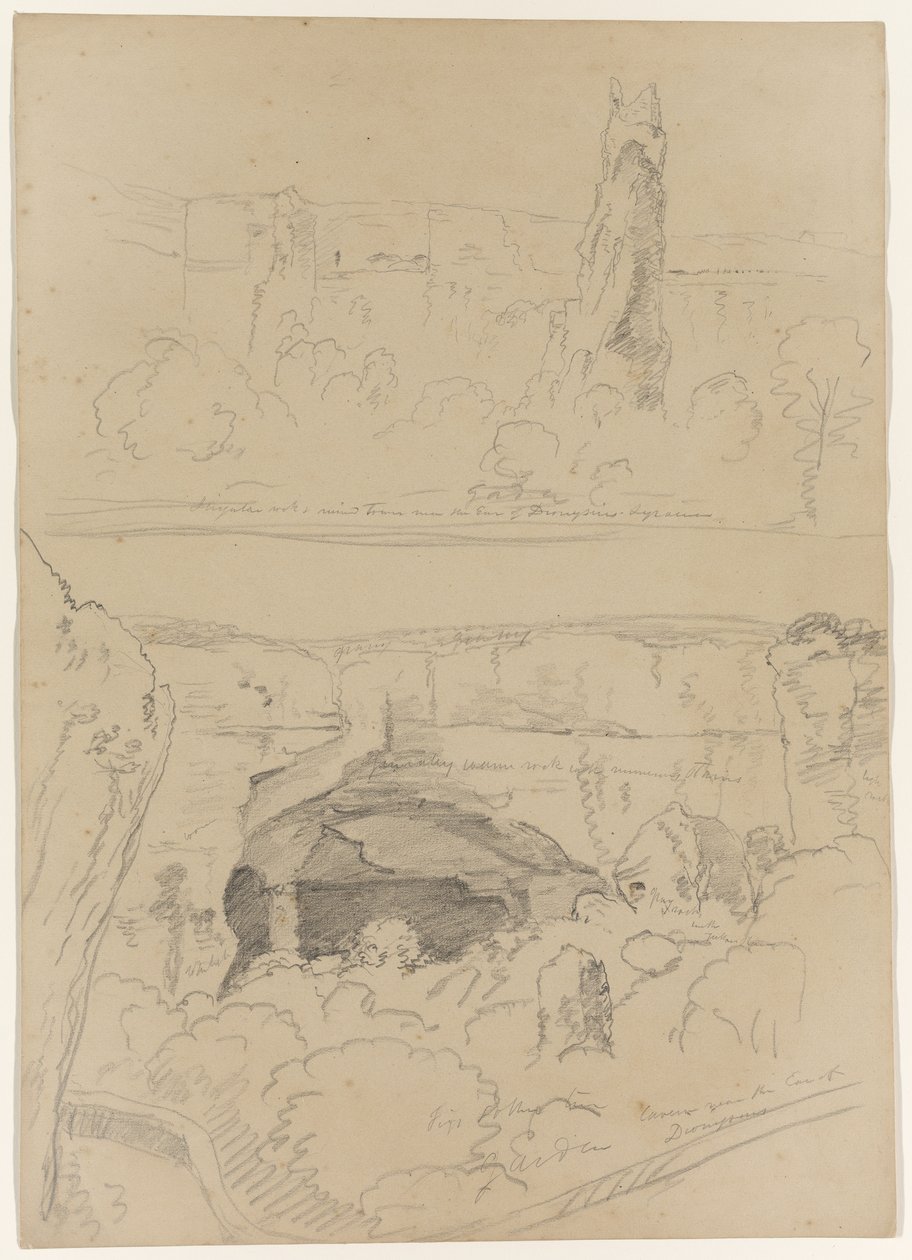 Felsen, Turmruinen und Höhle in der Nähe des Ohrs des Dionysius, Syrakus, Sizilien, 1842 von Thomas Cole