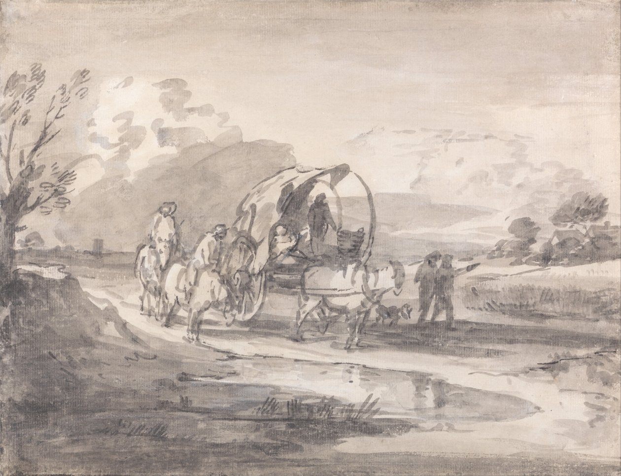 Offene Landschaft mit Reitern und bedecktem Wagen von Thomas Gainsborough