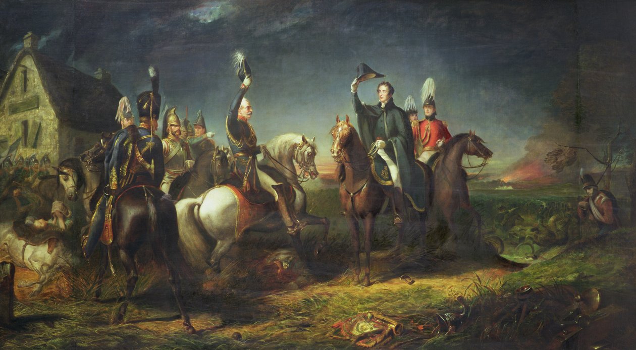 Das Treffen des Herzogs von Wellington und Feldmarschall Blücher am Abend des Sieges von Waterloo bei La Belle Alliance von Thomas Jones