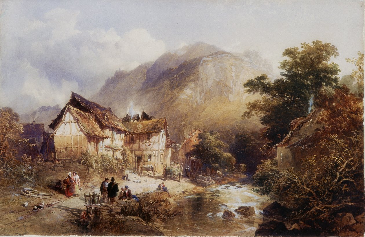 Das Dorf Sayn am Fluss Bertich Bach, Preußen von Thomas Miles II Richardson