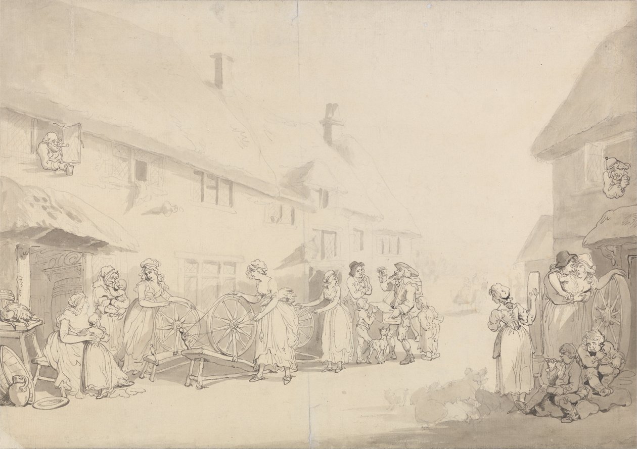 Dorfszene mit Mädchen beim Spinnen von Thomas Rowlandson