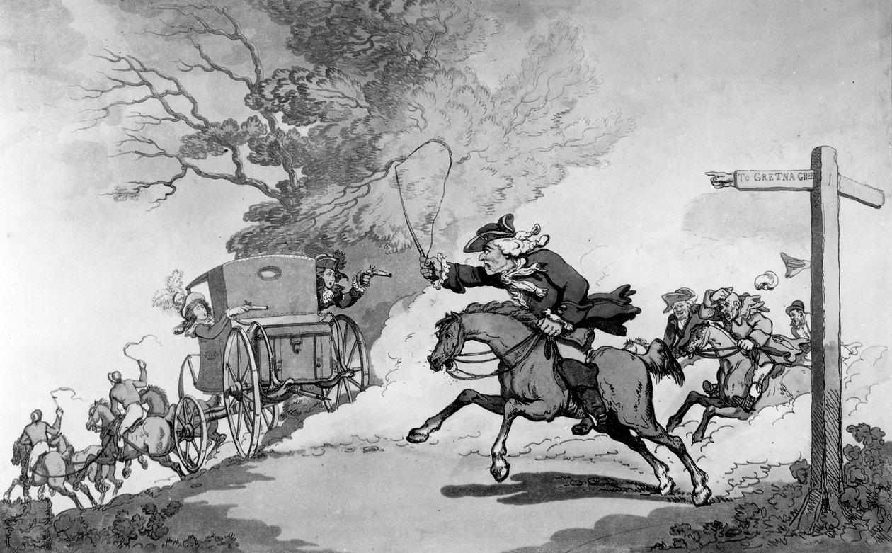 Filliale Zuneigung oder Eine Reise nach Gretna Green, 1780er Jahre (Lithografie) von Thomas Rowlandson