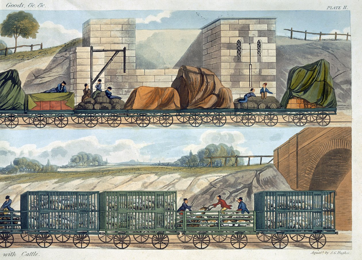 Ein Zug von Wagen (oben) und ein Zug von Rindern, Schafen und Schweinen (unten) aus 