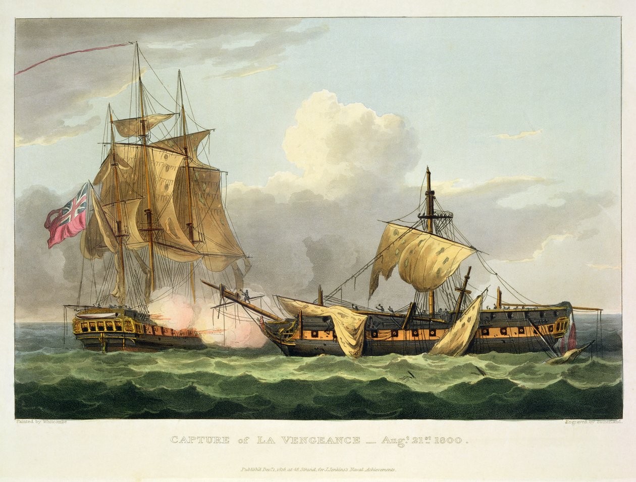 Die Eroberung der La Vengeance, 21. August 1800, graviert von Thomas Sutherland für J. Jenkins